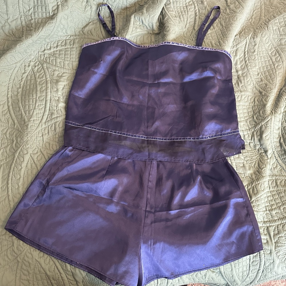 Victoria Secret Navy Blue Silky Satin Pajama Set Cami Shorts L Sleepless Night